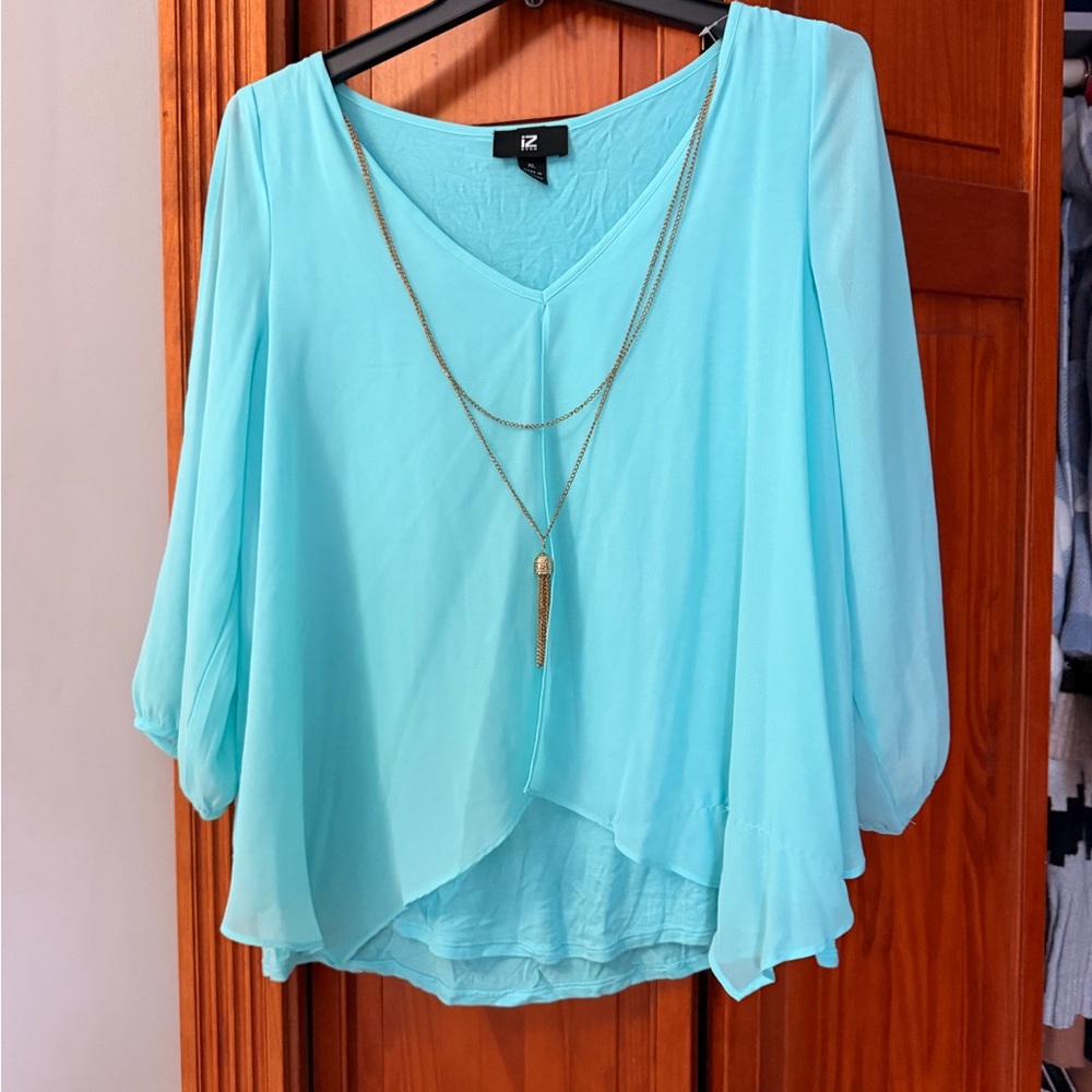 Iz Byer Aqua V-Neck Layered Chiffon Tunic with Gold-Tone Necklace